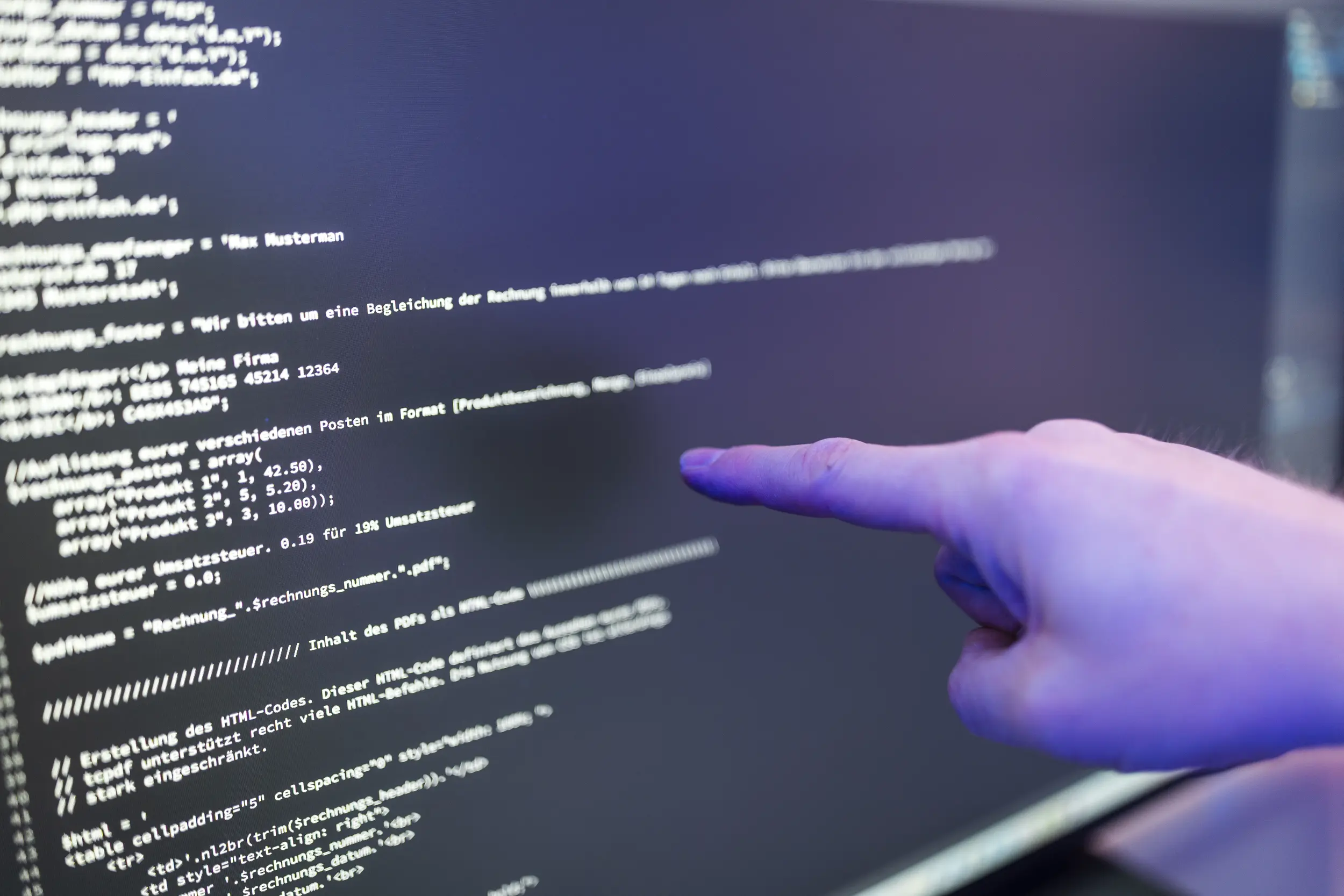 Finger zeigt auf Bildschirm mit angezeigtem Programmcode